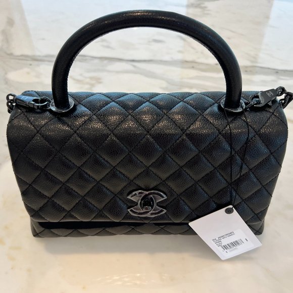 CHANEL 20A RARE BLACK ON BLACK MEDIUM FLAP BAG WITH HANDLE NWTS! - Picture 12 of 17